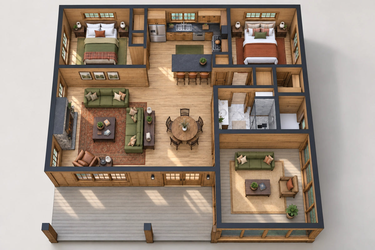 Furnished 3D main-floor plan of Loon Cove with two bedrooms, one bathroom, an open kitchen, dining and family room, a front porch and screened porch.