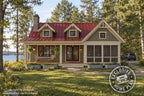 Front elevation rendering of Loon Cove with twin dormers, a covered entry and screened porch; Exclusive Home Plan stamp.