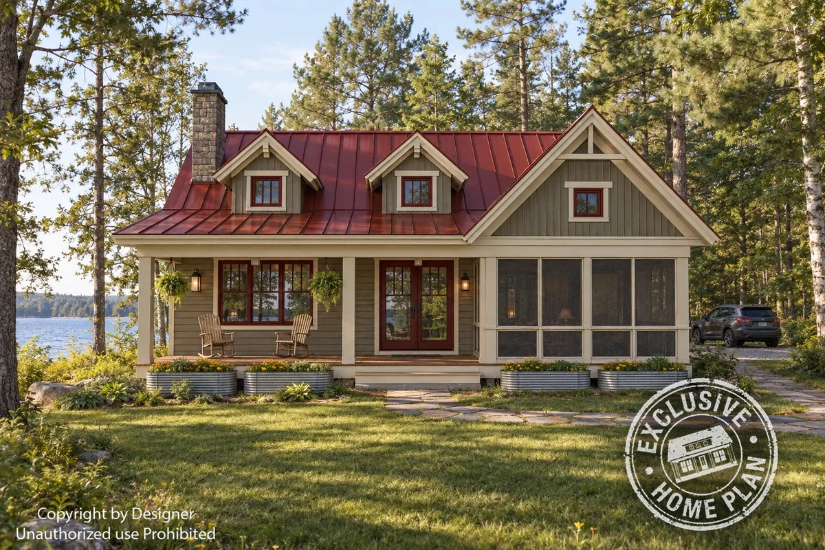 Front elevation rendering of Loon Cove with twin dormers, a covered entry and screened porch; Exclusive Home Plan stamp.