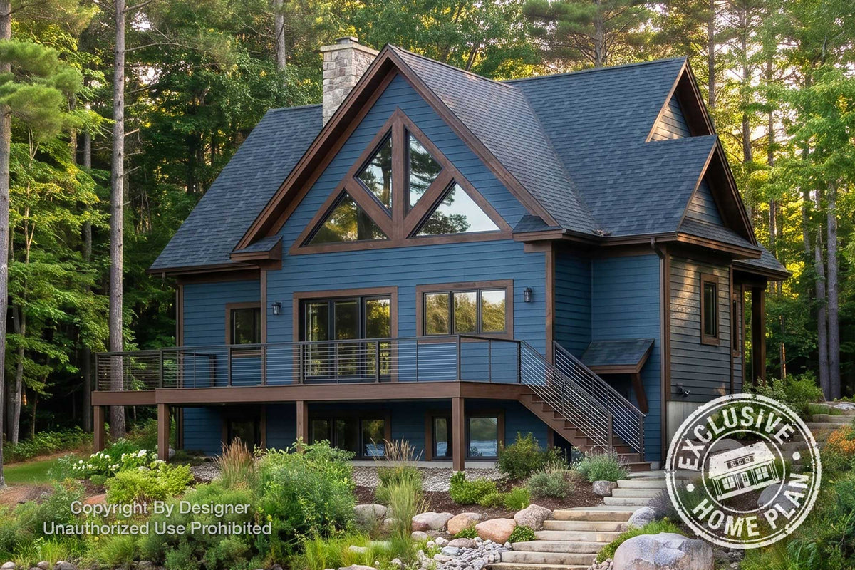 North Haven cottage rear exterior rendering with a tall glazed gable, raised deck and walkout lower level; Exclusive Home Plan stamp.
