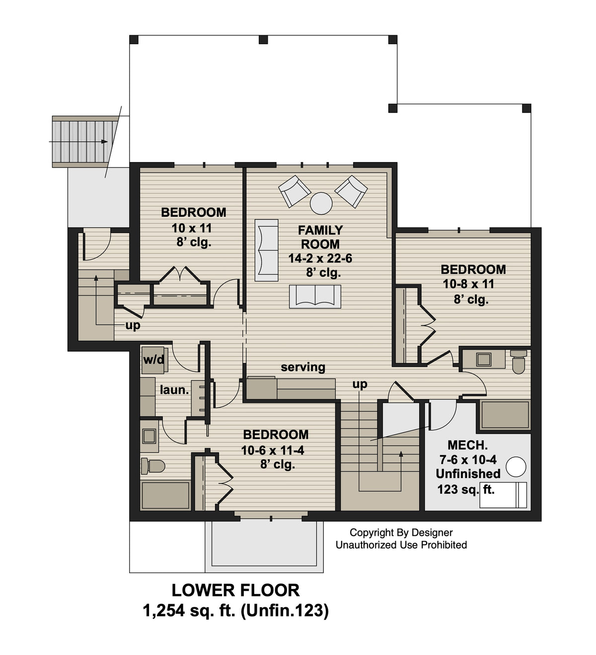 Lower floor plan with three bedrooms, a family room, bathroom, laundry and mechanical room; labeled 1,254 sq ft.