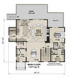 Main floor plan with 1,377 sq ft, an open kitchen and great room, primary suite, dining area and rear deck.