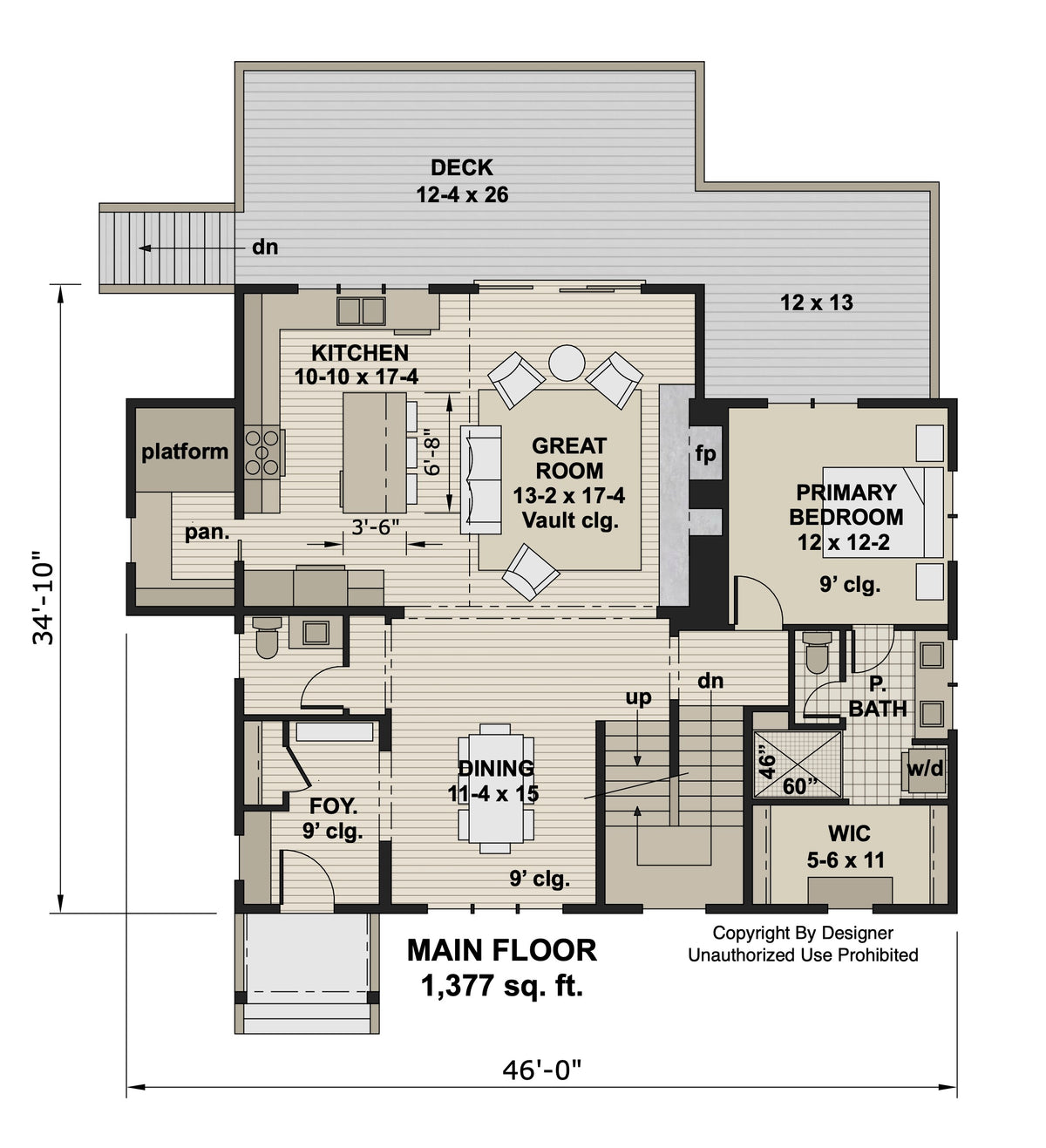 Main floor plan with 1,377 sq ft, an open kitchen and great room, primary suite, dining area and rear deck.