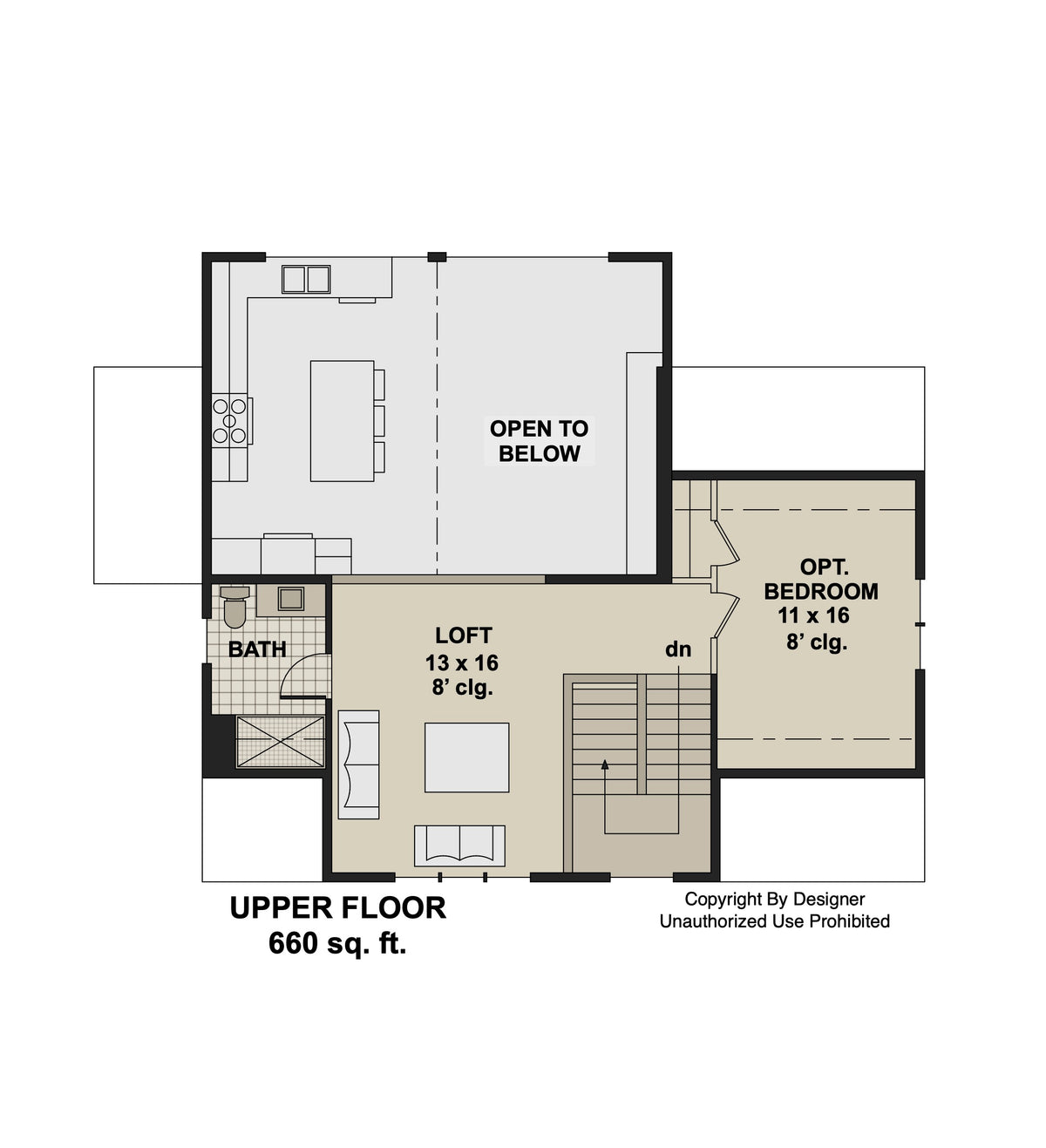 Upper floor plan with 660 sq ft, a loft overlooking the great room, bathroom and optional bedroom.