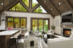 Great room rendering with a vaulted wood ceiling, tall gable windows, stone fireplace and open kitchen.