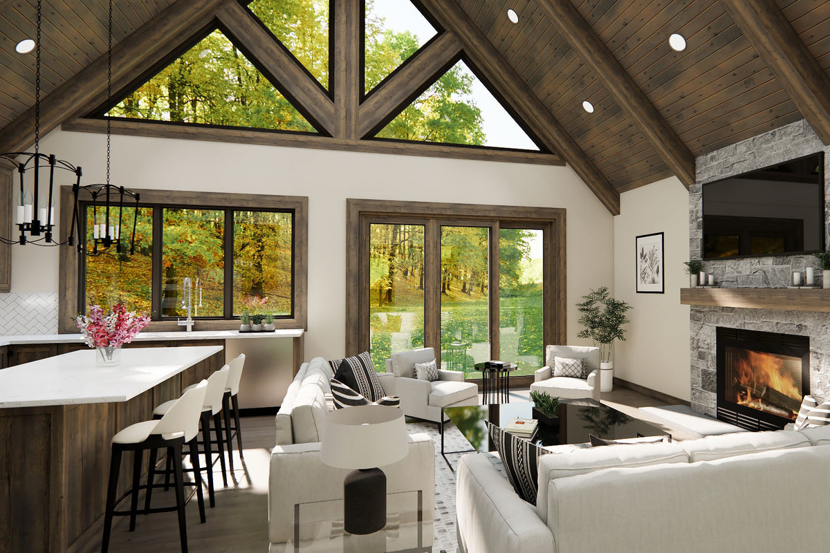 Great room rendering with a vaulted wood ceiling, tall gable windows, stone fireplace and open kitchen.