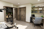 Home office rendering with a desk, bookshelves, wood double doors and a recording microphone.