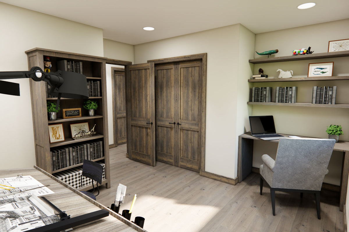 Home office rendering with a desk, bookshelves, wood double doors and a recording microphone.