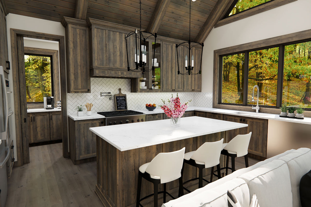 Kitchen rendering with wood cabinets, a white-topped island, three stools and windows overlooking trees.