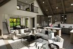 Open great room and kitchen rendering with white seating, a wood island and a loft above the dining area.