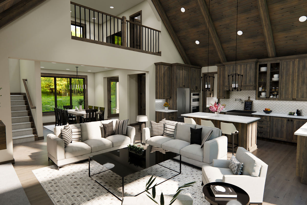 Open great room and kitchen rendering with white seating, a wood island and a loft above the dining area.