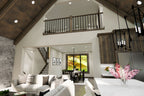 Great room rendering looking toward the stairs, dining area and loft railing beside the kitchen.