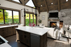 Kitchen island and great room rendering with a stone fireplace, vaulted wood ceiling and tall windows.