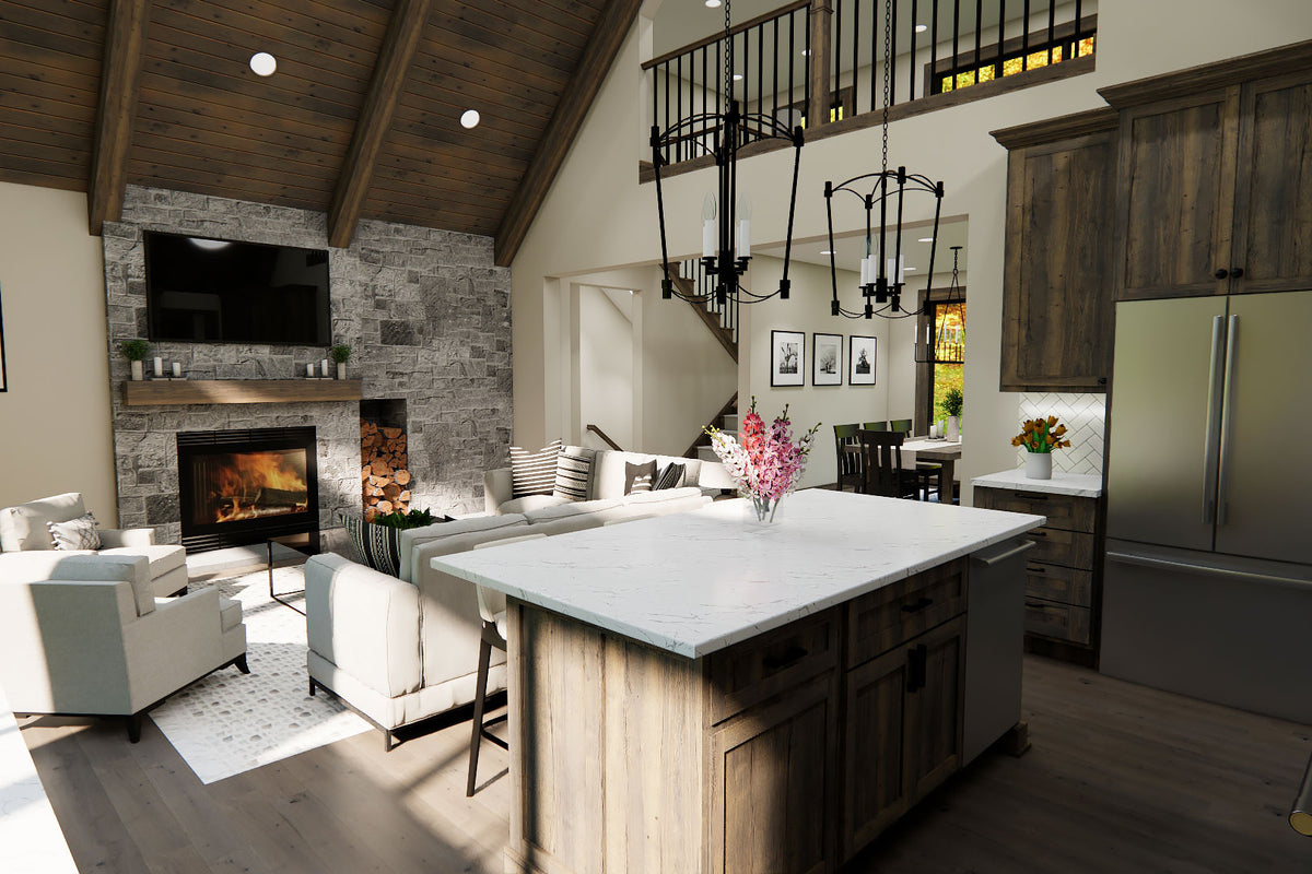 Kitchen island rendering looking toward the stone fireplace and dining area beneath an open loft.