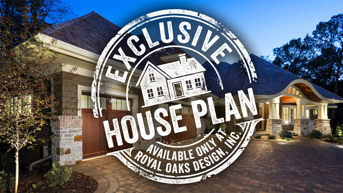 A large circular stamp reading 'EXCLUSIVE HOUSE PLAN' and 'AVAILABLE ONLY AT ROYAL OAKS DESIGN, INC.' is overlaid on a twilight photo of a house with a driveway and landscaping.