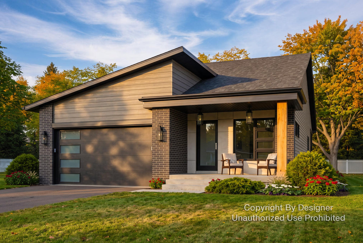 The Hudson House Plan front exterior — a modern single-story ranch home with dark charcoal brick, warm gray horizontal lap siding, natural cedar porch post, black-framed windows, contemporary two-car garage door with horizontal glass inserts, and lush fall landscaping in a suburban Minnesota neighborhood.