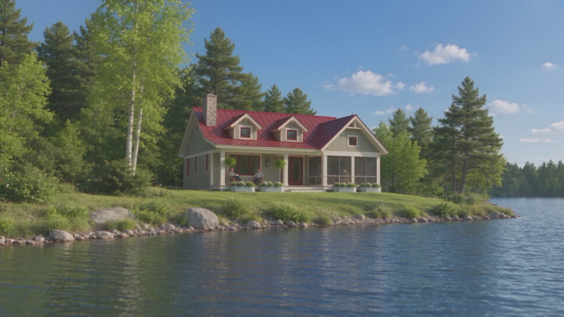 Loon Cove cabin exterior video showing a lakeside orbit, red metal roof, covered front porch and screened porch.