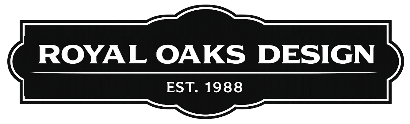 Royal Oaks Design creator of residential house plans logo in black and white